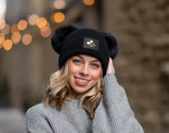 Black Mickey Mouse Gold Foil Lightweight Double Pom Beanie -Love Your Melon 6N2A8222