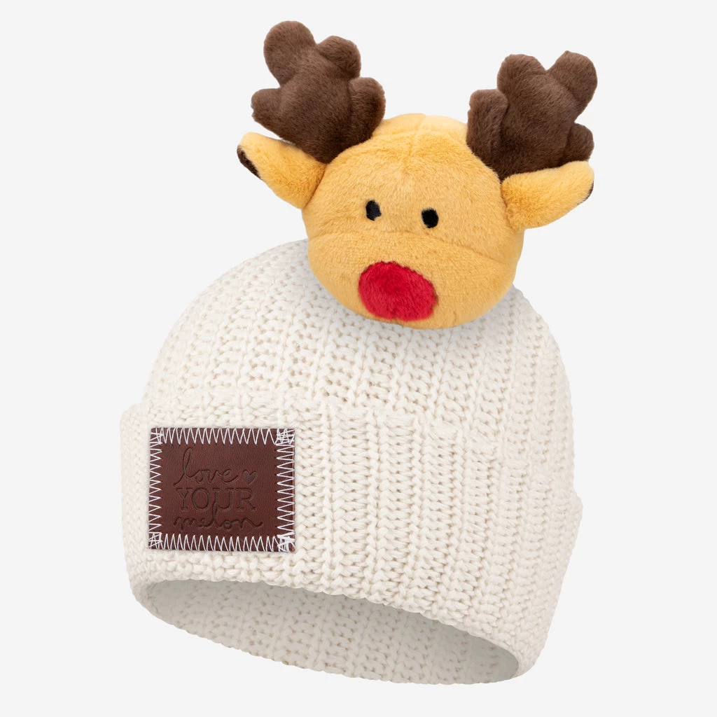 White Speckled Reindeer Love Pom Beanie 1 White Speckled Reindeer Love Pom Beanie