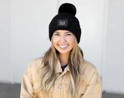 Black Monochrome Rose Foil Pom Beanie -Love Your Melon Black Monochrome Rose Foil Pom Beanie Model Crop