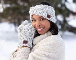 Black Speckled Cable Knit Mittens 5 Black Speckled Cable Knit Mittens -Love Your Melon Black Speckled Cable Knit Mittens Model Crop