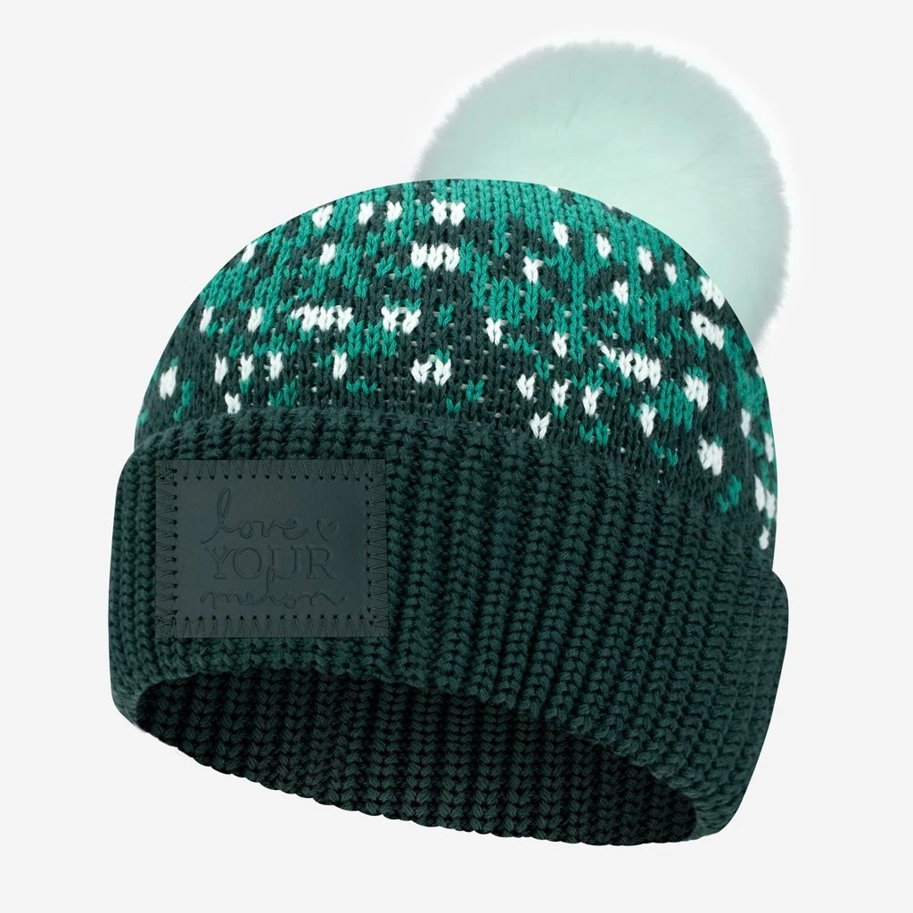 Hunter, Biscay Bay, And Seafoam Fair Isle Pom Beanie 1 Hunter, Biscay Bay, And Seafoam Fair Isle Pom Beanie