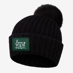 Black Pom Beanie (Green Leather White Foil Patch)
