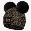 Black Gold Metallic Yarn Double Pom Beanie