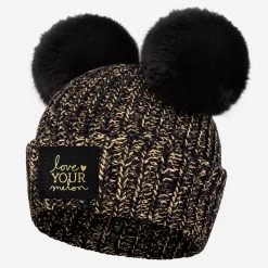 Black Gold Metallic Yarn Double Pom Beanie