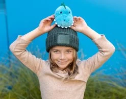 Hunter Green Kids Pom Beanie With Dinosaur Love Pom -Love Your Melon Hunter Green Kids Pom Beanie with Dinosaur Love Pom Model Crop