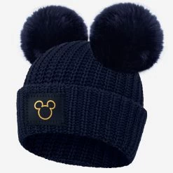 Mickey Mouse Outline Gold Foil Navy Double Pom Beanie