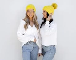 Neon Yellow Monochrome Jelly Patch Pom Beanie -Love Your Melon MC Neon Yellow Monochrome Jelly Patch Pom Beanie 1