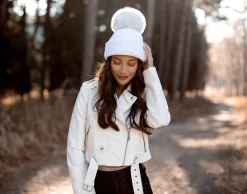 White Mega Pom Beanie -Love Your Melon Mega White Pom Model Crop