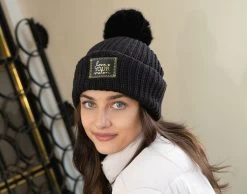 Black Gold Foil And Stitching Pom Beanie -Love Your Melon Model Crop Black Gold Foil and Stitching Pom Beanie 9 1 22