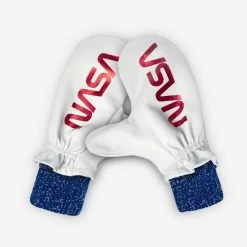 NASA White Leather Mittens With Royal Blue Knit Liner