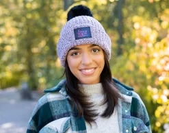 Fall Twilight Pom Beanie (Black Leather Patch) -Love Your Melon Orchid Pom Beanie Model Crop