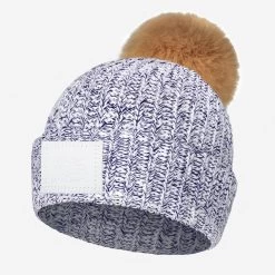 White And Navy Speckled Pom Beanie (White Patch)