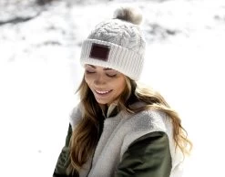 White Speckled Cable Knit Pom Beanie -Love Your Melon White Speckled Cable Knit Pom Beanie Model Crop