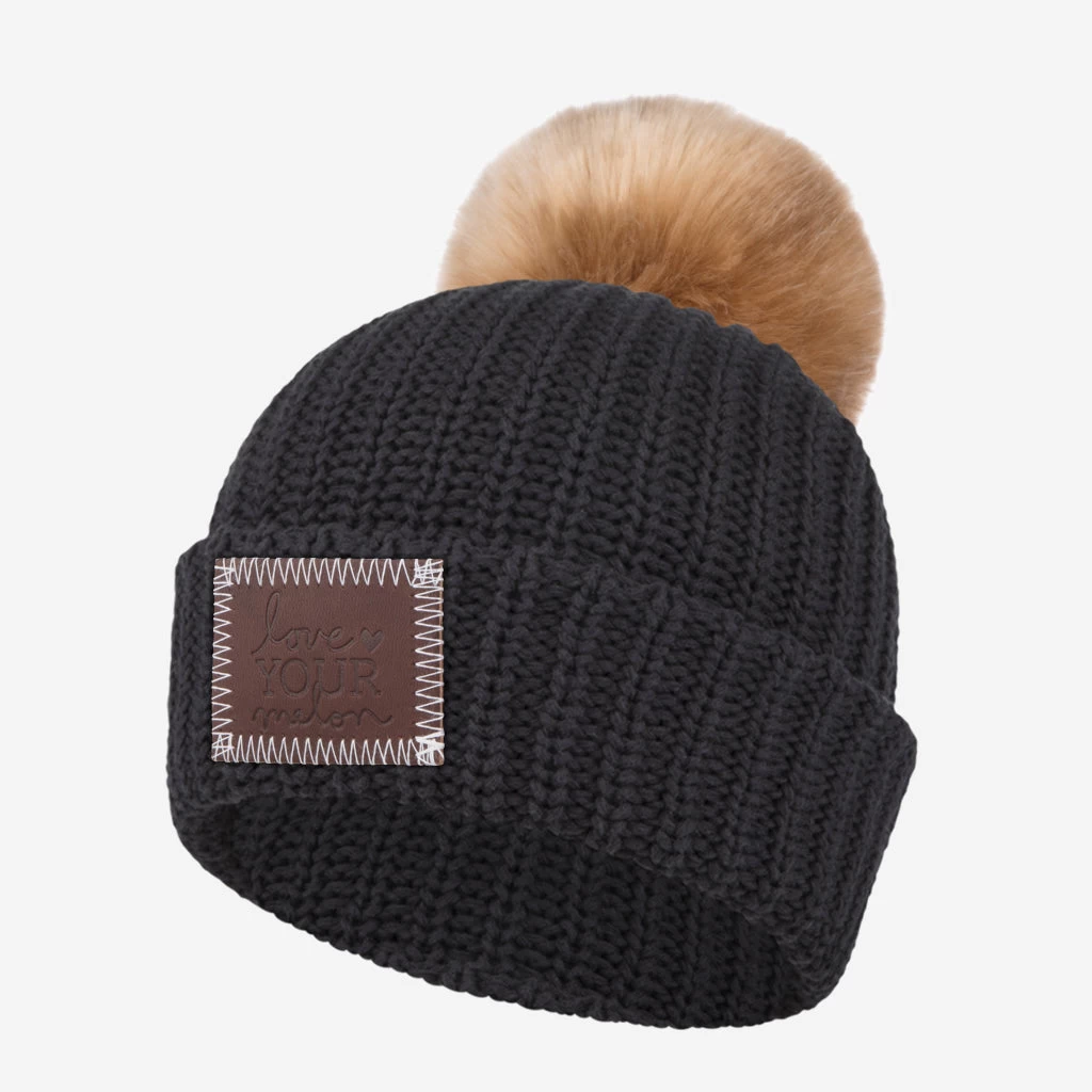 Kids Black Pom Beanie (Natural Pom) 1 Kids Black Pom Beanie (Natural Pom)